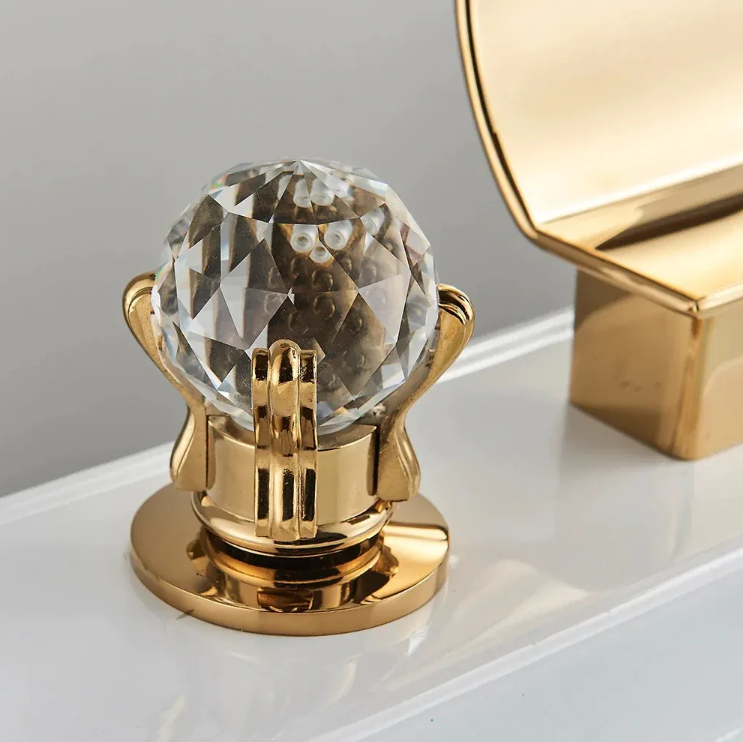 Luxury Waterfall Dual Crystal Handle Gold Brass Deck Mounted Hot Cold Water Mixer Tap Bathtub Faucet