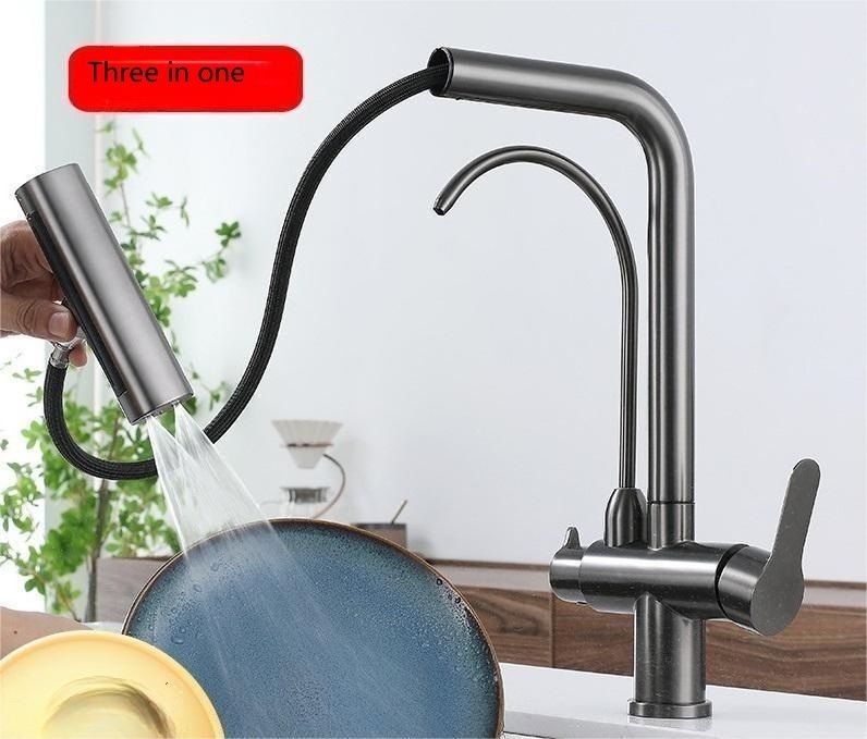 3 Way Water Purifier Kitchen Faucet SUS304 Stainless Steel  Kitchen Sink Tap Mixers Multi Double Handle Pull-out Kitchen Faucets