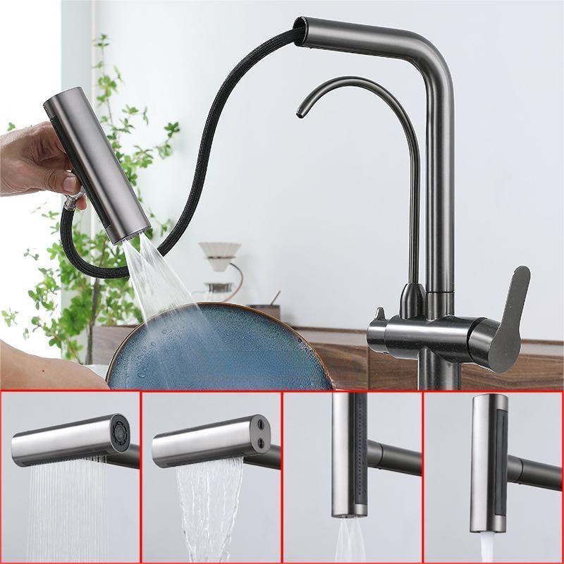 3 Way Water Purifier Kitchen Faucet SUS304 Stainless Steel  Kitchen Sink Tap Mixers Multi Double Handle Pull-out Kitchen Faucets