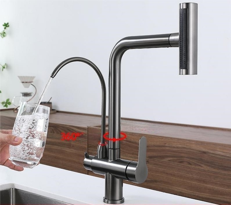 3 Way Water Purifier Kitchen Faucet SUS304 Stainless Steel  Kitchen Sink Tap Mixers Multi Double Handle Pull-out Kitchen Faucets