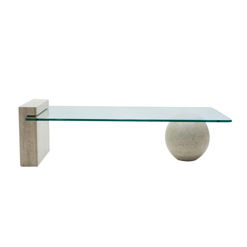 Customized Stone Furniture Table Beige Travertine Balls With Tempering Glass Top Coffee Table