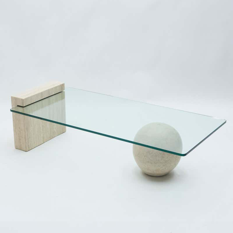 Customized Stone Furniture Table Beige Travertine Balls With Tempering Glass Top Coffee Table