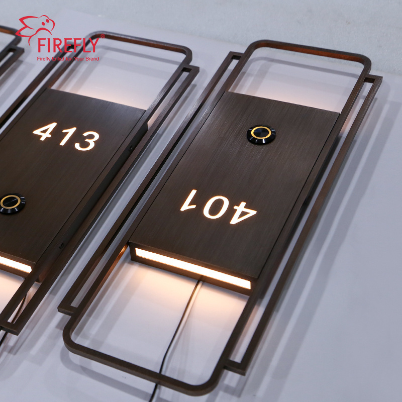 Custom LED Brushed Face Stainless Steel Apartment Hotel Door Sign Led Light Hotel Room Number Sign with Doorbell