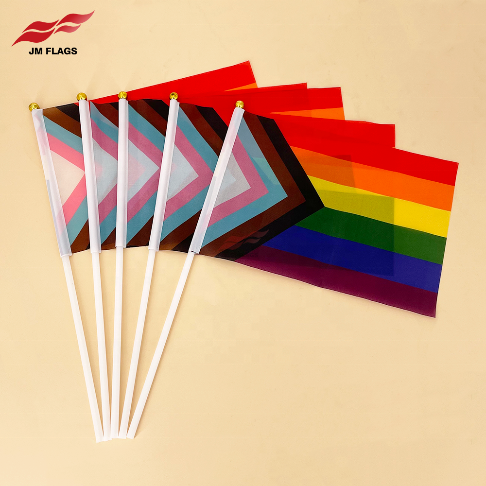 Wholesale Progress Pride Hand Flags Pride Flag Polyester LGBT Rainbow Progress Pride Stick Flags