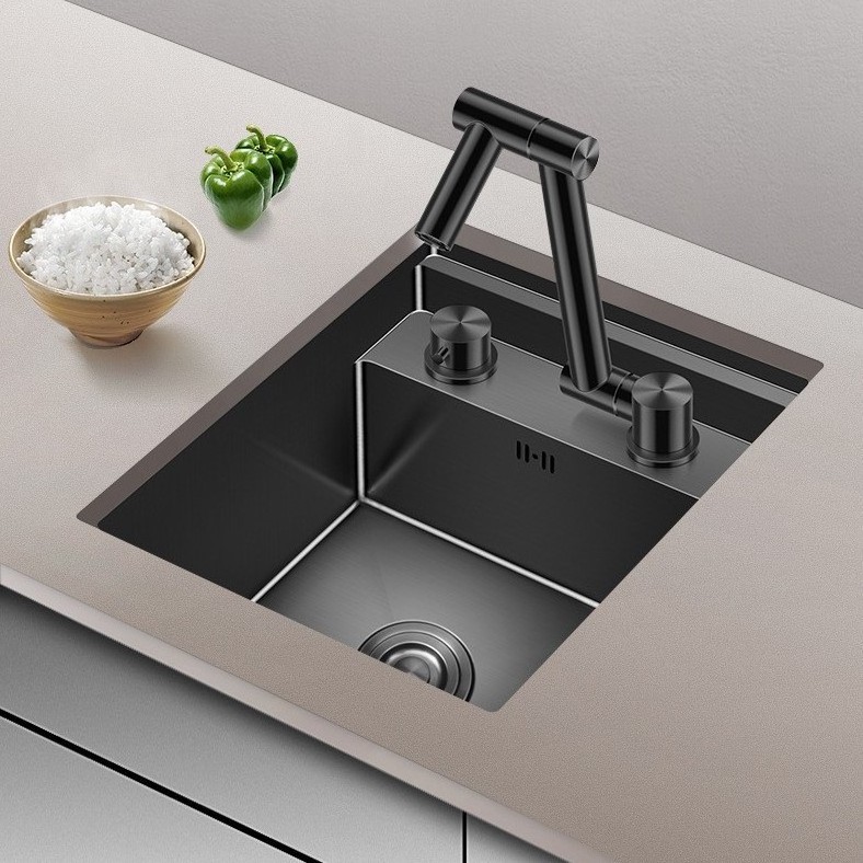 Matte Black Bar Kitchen Sink Hidden Cup Rinser Washer Above Mount Washing Basin Folding Faucet Mixer 304 Stainless Steel