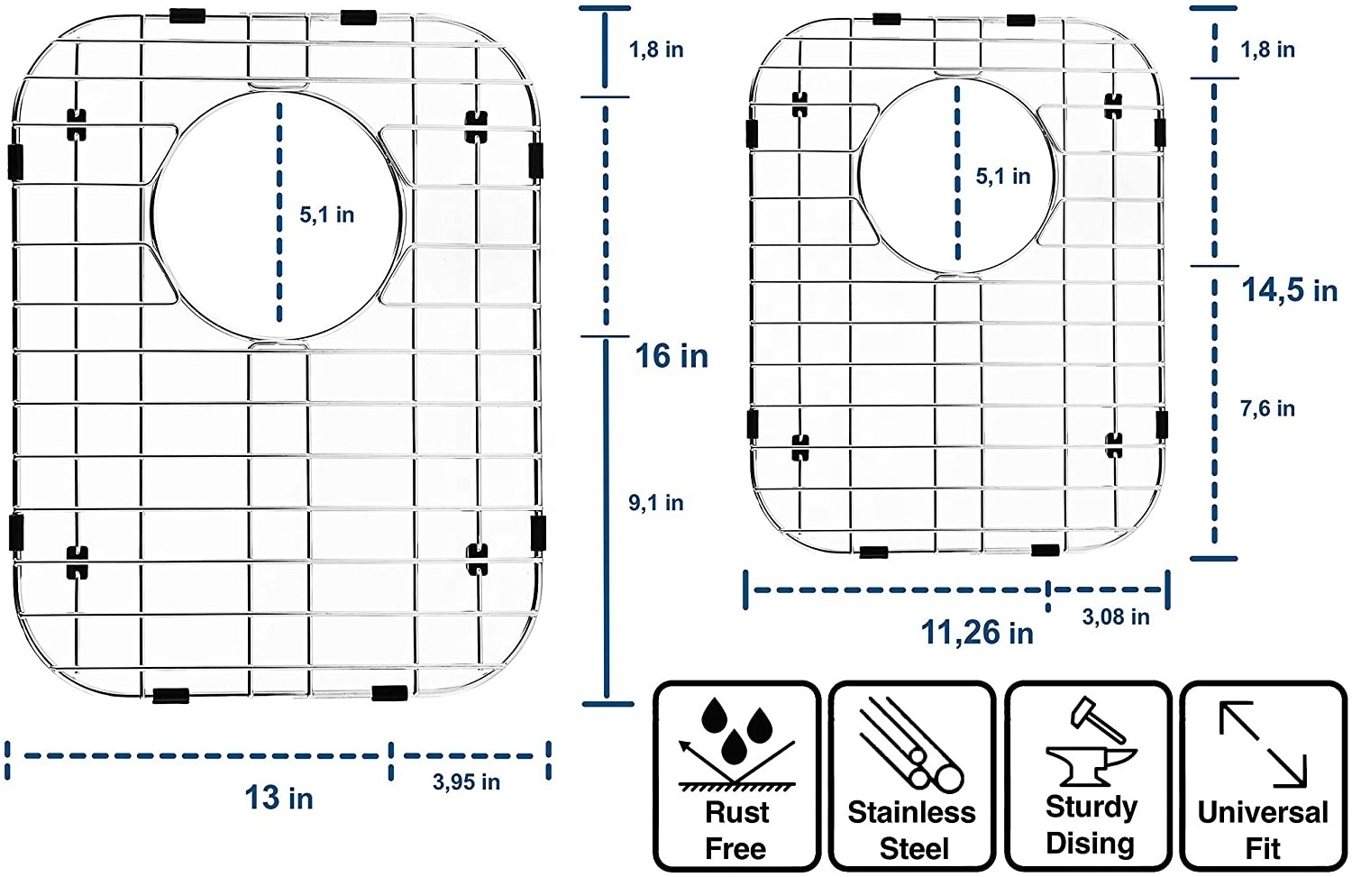 50/50 Double Bowl 304 Stainless Steel Kitchen Sink 2 Rack Bottom Grids