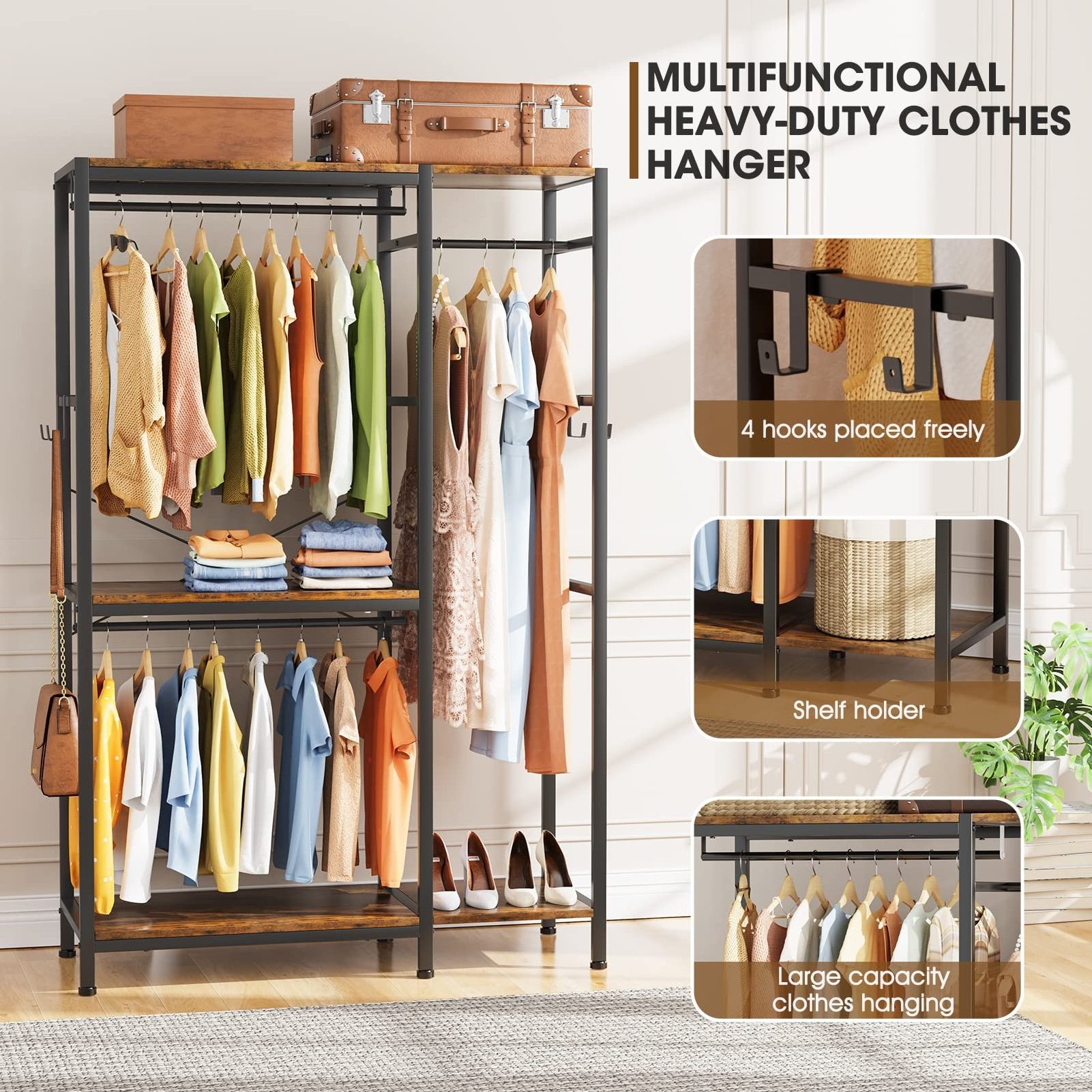 Modern Bedroom Freestanding Wardrobe Clothes Storage Organizer Closet Double Hanging Rod Combination Clothing Store Display Rack