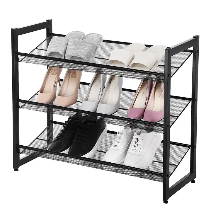 Customized Shoe Rack Cabinet 3 Tiers Mesh Shelves Stackable Metal Shoe Rack For Living Room