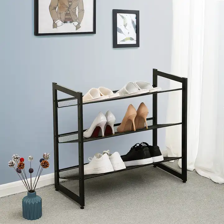 Customized Shoe Rack Cabinet 3 Tiers Mesh Shelves Stackable Metal Shoe Rack For Living Room