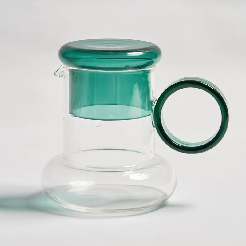 Custom Hand Blown Clear Heat Resistant Glass Water Pitcher Lead-free Borosilicate Glass Tea Jug Kettle with Colored Glass Cup