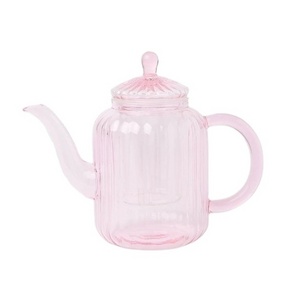 Custom Hand Blown Pink Heat Resistant Striped Glass Tea Pot Borosilicate Ribbed Glass Kettle Tea Party Teapot with Glass Infuser