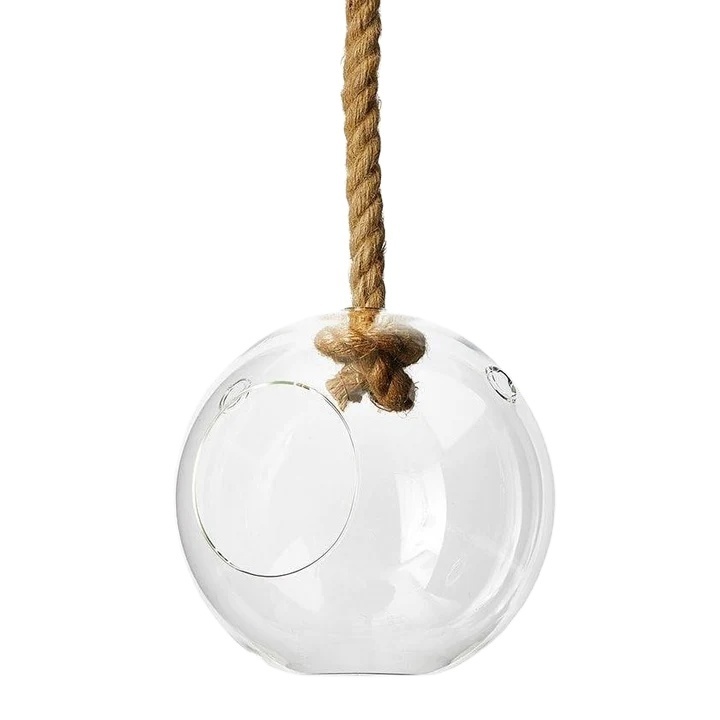 Wholesale Handblown Clear Borosilicate Hanging Spherical Shape Hanging Glass Ball Terrarium Vase with Rope