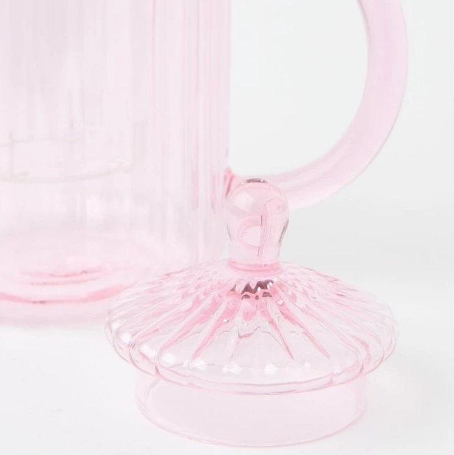 Custom Hand Blown Pink Heat Resistant Striped Glass Tea Pot Borosilicate Ribbed Glass Kettle Tea Party Teapot with Glass Infuser