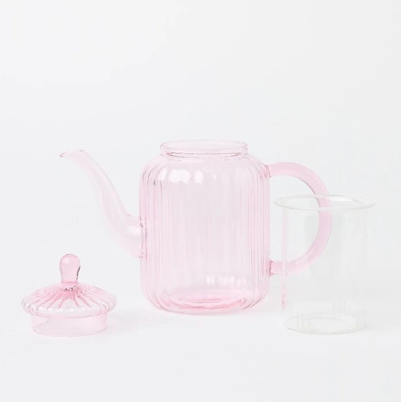 Custom Hand Blown Pink Heat Resistant Striped Glass Tea Pot Borosilicate Ribbed Glass Kettle Tea Party Teapot with Glass Infuser