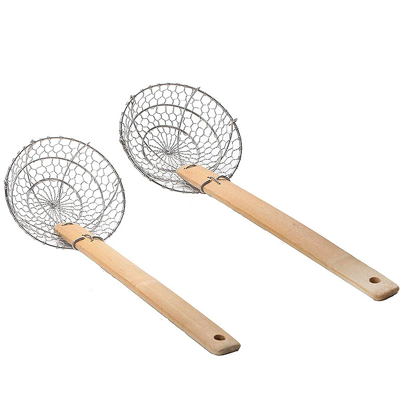 13 inch Mesh Skimmer Stainless Steel Strainer Skimmer with Bamboo Handle Kitchen Utensils Wire Strainer Pasta Strainer Spoon