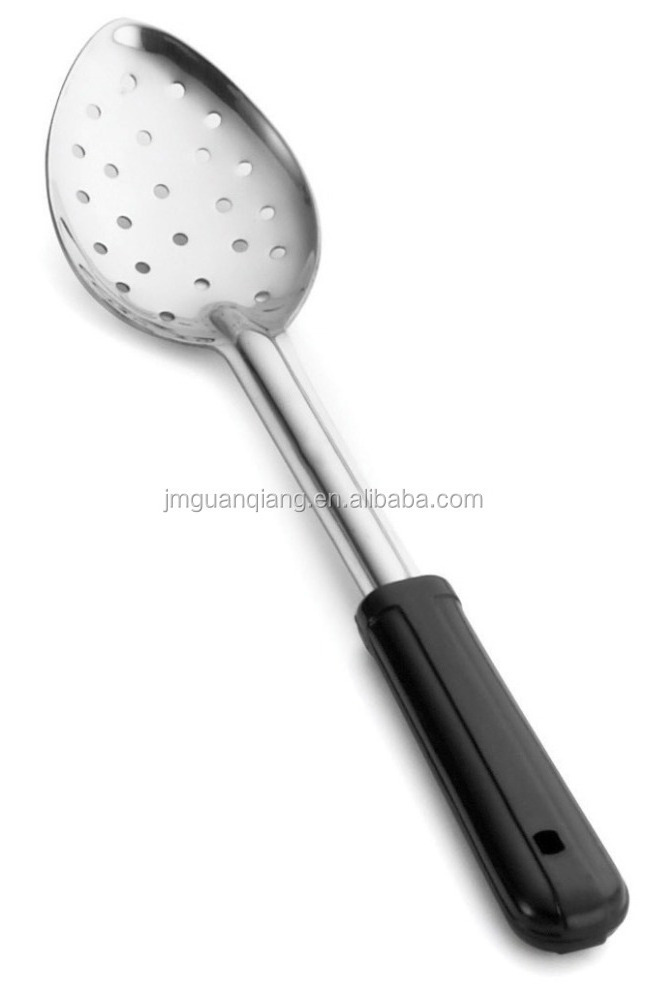 stainless steel solid or slotted or perforated basting spoon with plastic handle