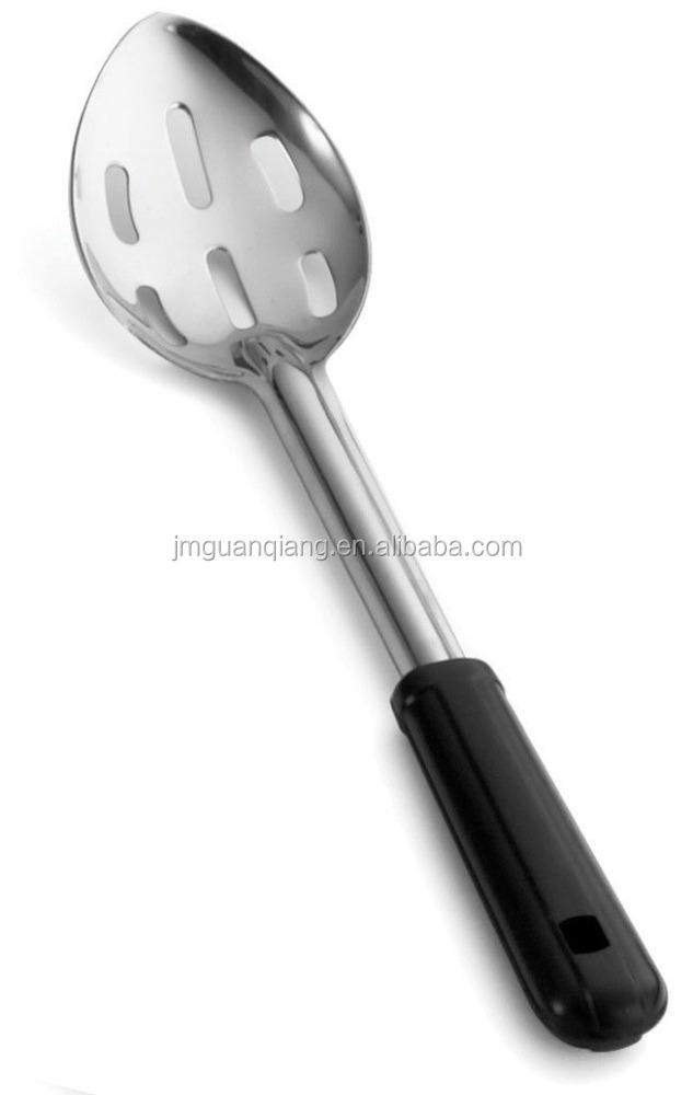 stainless steel solid or slotted or perforated basting spoon with plastic handle