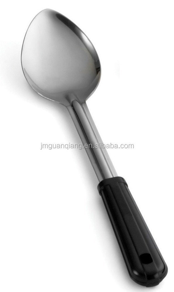 stainless steel solid or slotted or perforated basting spoon with plastic handle