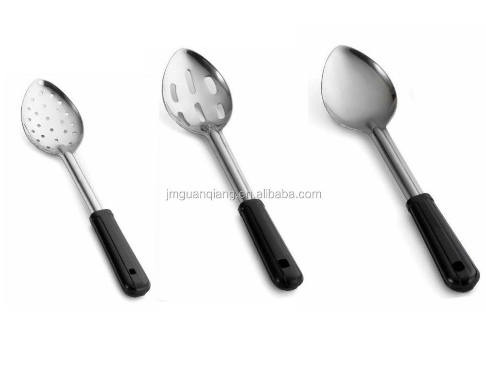 stainless steel solid or slotted or perforated basting spoon with plastic handle