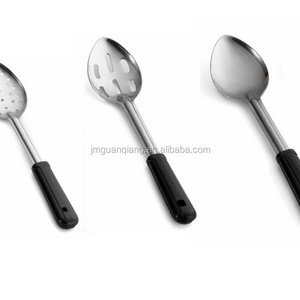 stainless steel solid or slotted or perforated basting spoon with plastic handle