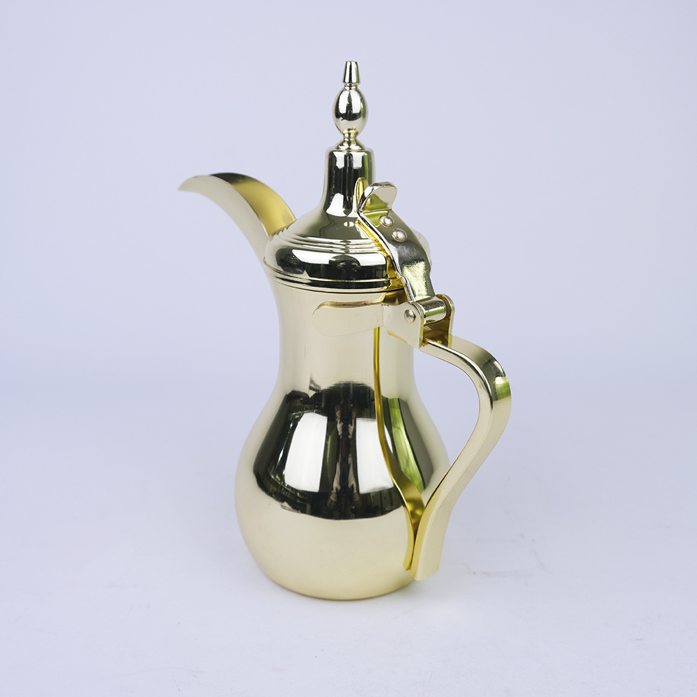 Vintage Arabic Coffee Teapot with Long Spout Dubai Dallah Design Gold Stainless Steel Modern Style Metal Body Middle East Use