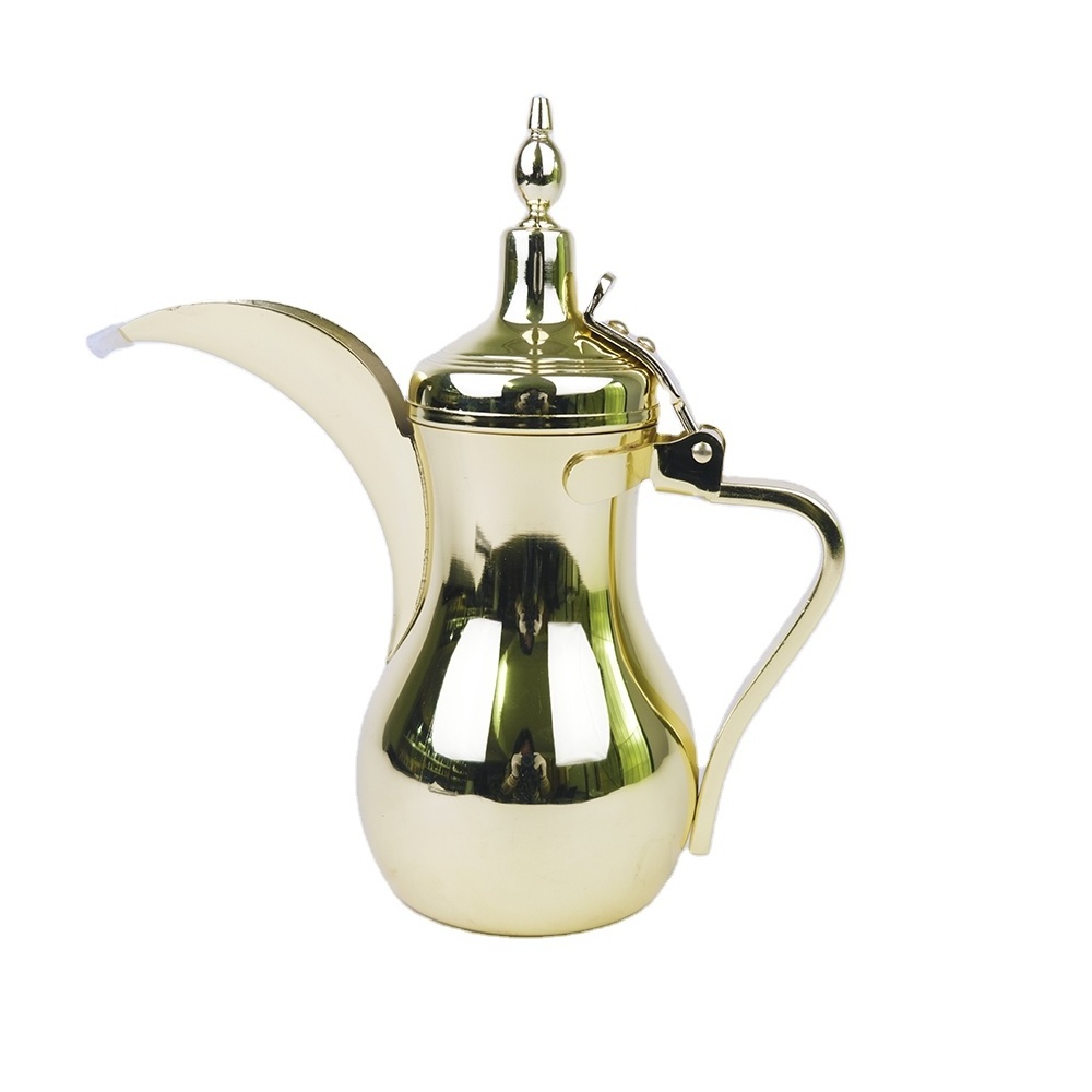 Vintage Arabic Coffee Teapot with Long Spout Dubai Dallah Design Gold Stainless Steel Modern Style Metal Body Middle East Use