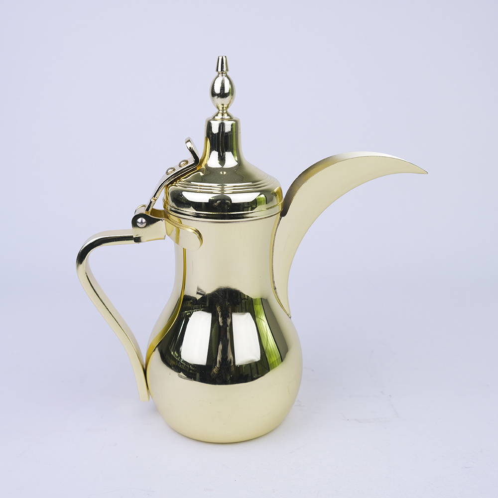 Vintage Arabic Coffee Teapot with Long Spout Dubai Dallah Design Gold Stainless Steel Modern Style Metal Body Middle East Use