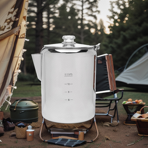 Outdoor Stainless Steel Coffee Maker Custom Logo round Percolator for Easy Americano Brewing Camping Porcelain Body Metal Lid