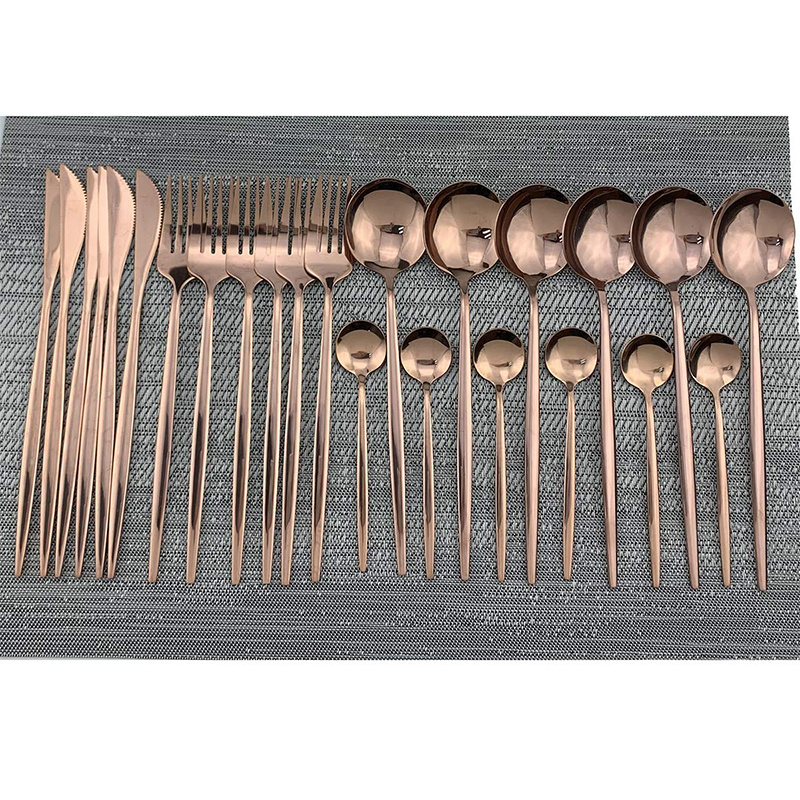 Bulk Rose Gold Stainless Steel Portuguese Flatware 24 Pcs Set Restaurant Steak Knife Fork Spoon Silverware Cutlery