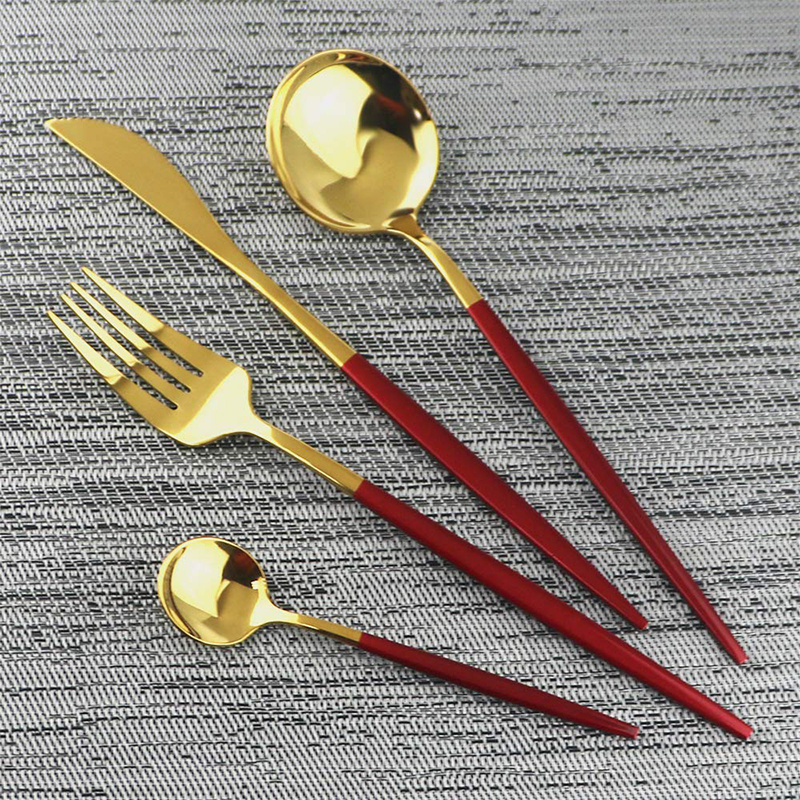 Best Selling Hotel 18/10 Stainless Steel Cutipol Goan Cutlery Hotel Serving Knife Fork Spoon Red Gold Mirror Flatware Set