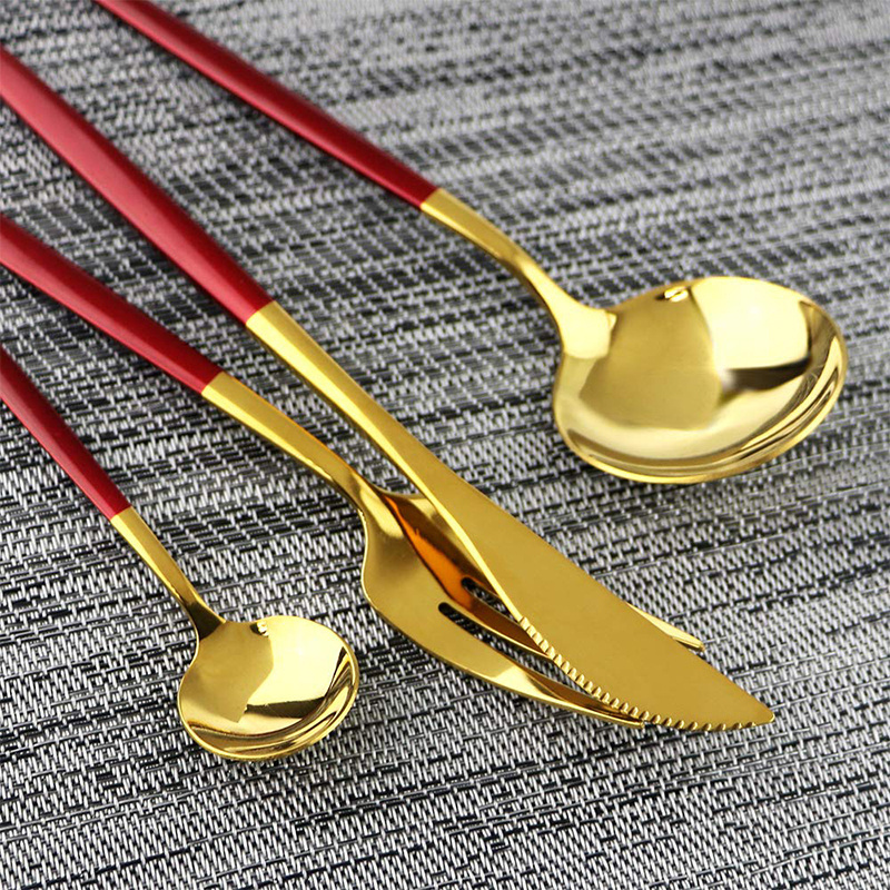 Best Selling Hotel 18/10 Stainless Steel Cutipol Goan Cutlery Hotel Serving Knife Fork Spoon Red Gold Mirror Flatware Set