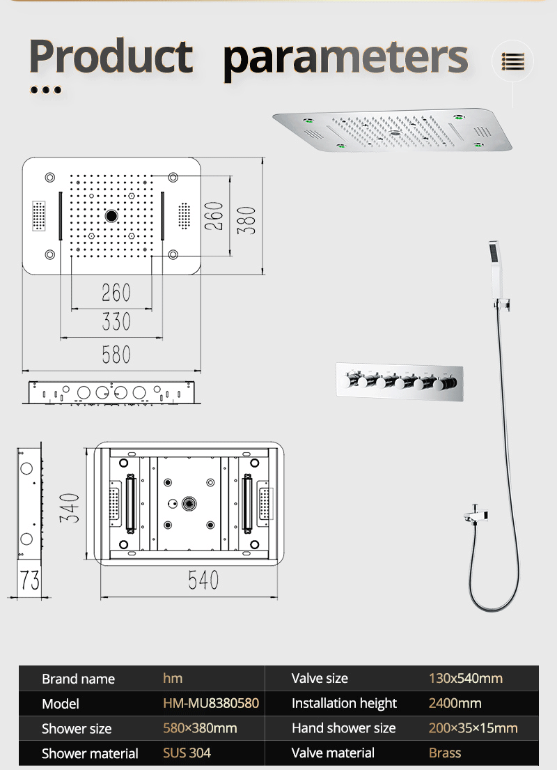 Modern 5 Functions Rainfall Showerhead LED Ceiling Mounted Bath Shower Faucet System Thermostatic Bathroom Shower Set