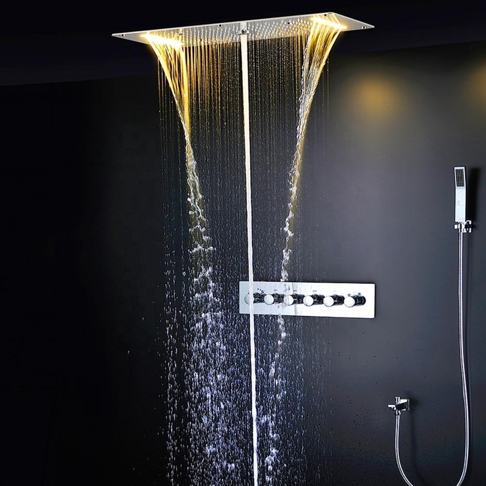 Bath Shower Set Large Size LED Rainfall Waterfall Mist Dust Shower Panel Thermostatic Valve Shower Panel Faucet