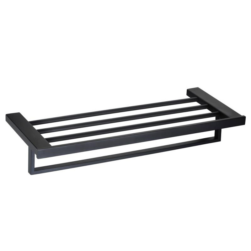 hm Matt black bathroom SUS304 wall mounted square towel holder shelf with towel bar hanger