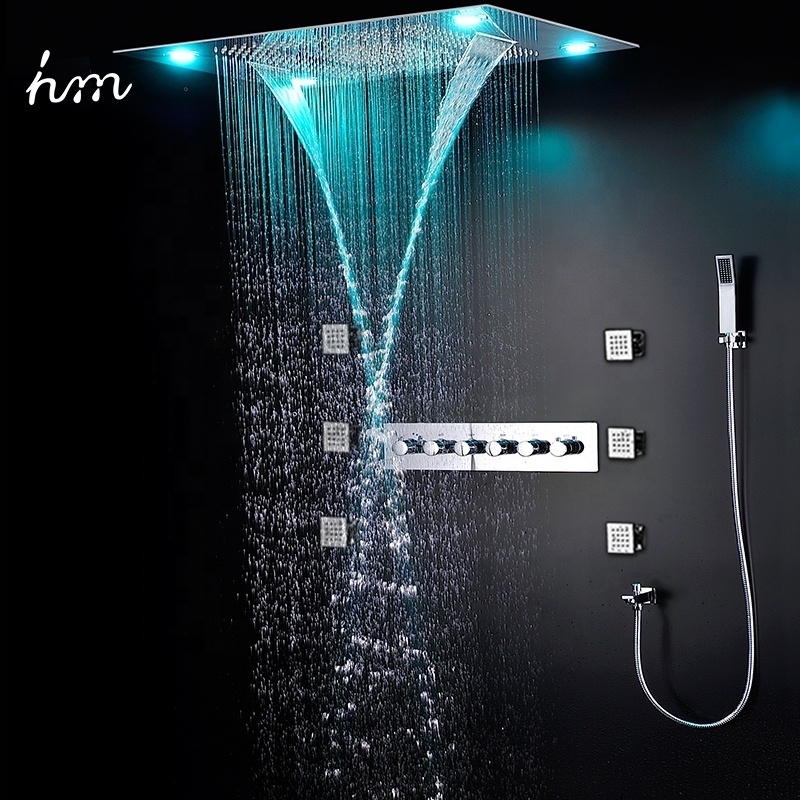 Luxury ceiling rain led shower kits 4 function multi color remote control shower panel wall body jets massage shower system