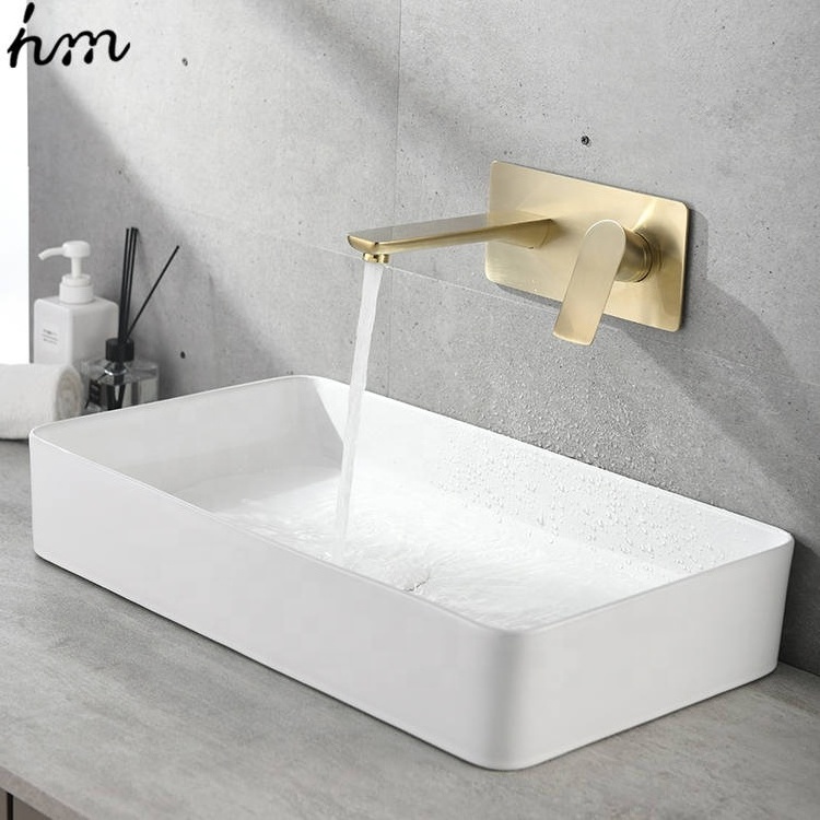 hm New Design Hotel Water Faucet Bathroom Toilet Wall Mounted Two Hole Brushed Gold Basin Faucet