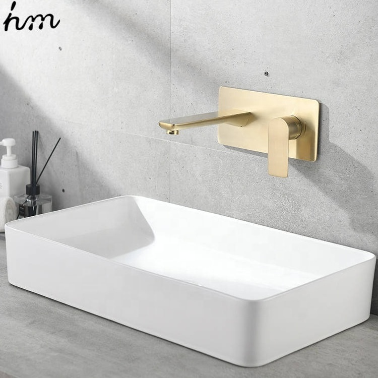 hm New Design Hotel Water Faucet Bathroom Toilet Wall Mounted Two Hole Brushed Gold Basin Faucet