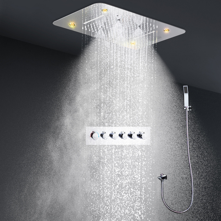 Bathroom Music Shower Set Ceiling Mounted 380*580MM Rainfall Waterfall Misty LED Shower Head 5 Ways Thermostatic Diverter Faucet