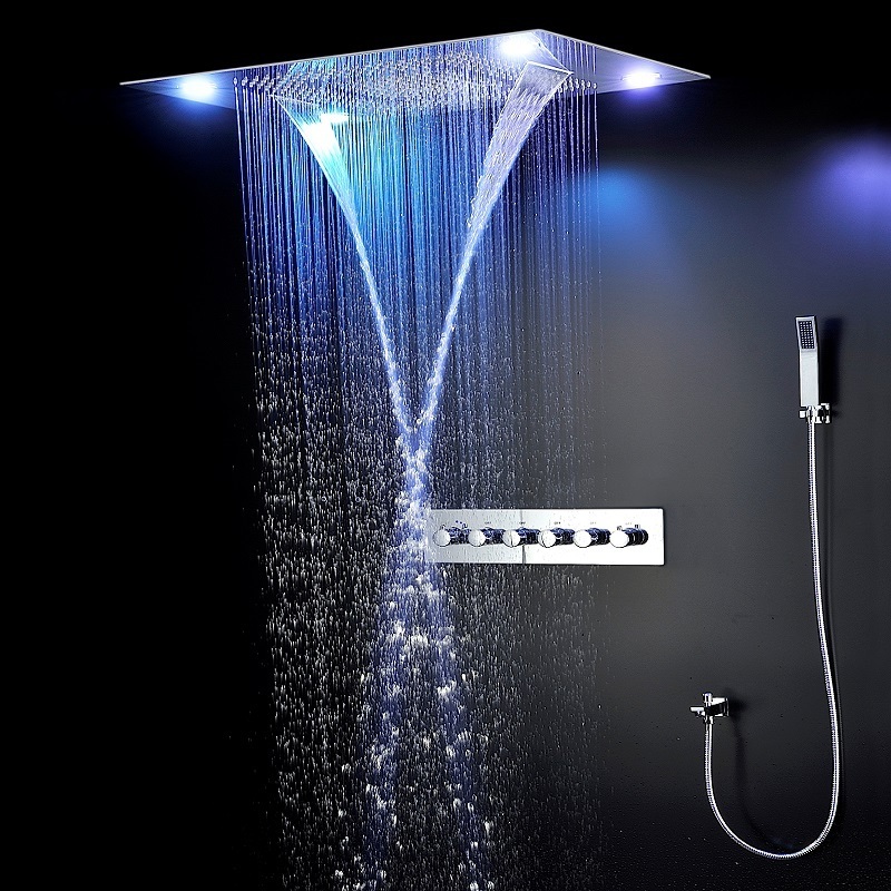 Bathroom Concealed 5 Functions Thermostatic Shower System 60x80cm Remote Control Led Lights Shower Faucets