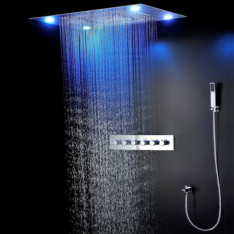 Bathroom Concealed 5 Functions Thermostatic Shower System 60x80cm Remote Control Led Lights Shower Faucets