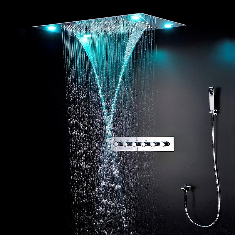 Bathroom Concealed 5 Functions Thermostatic Shower System 60x80cm Remote Control Led Lights Shower Faucets