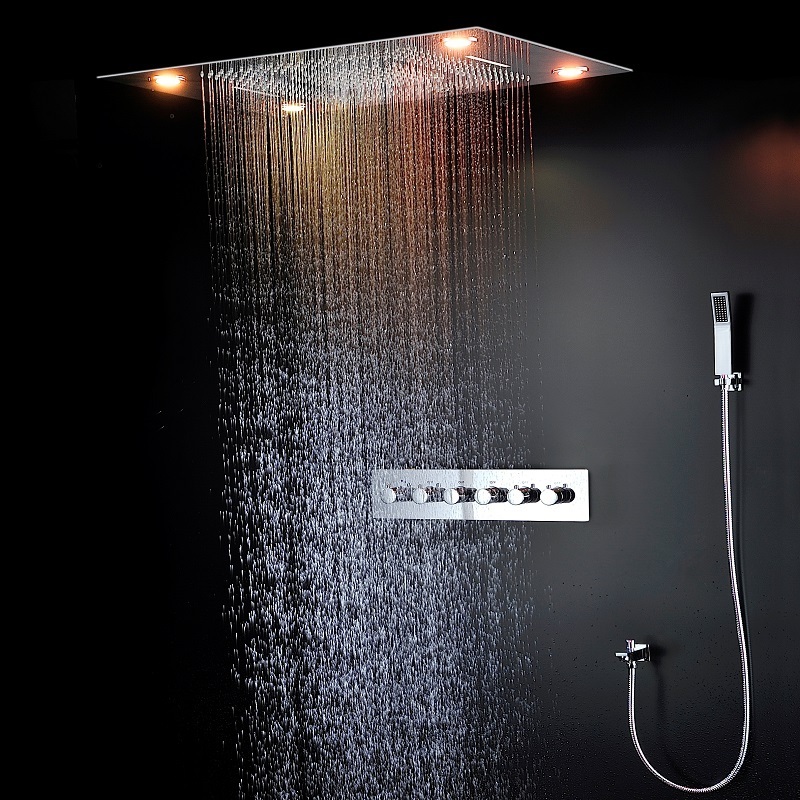 Bathroom Concealed 5 Functions Thermostatic Shower System 60x80cm Remote Control Led Lights Shower Faucets