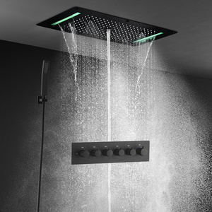 Modern style ceiling mounted stainless steel 380*700mm rain shower faucet thermostatic 5 function led shower set