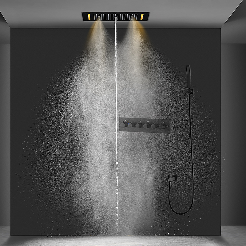 Modern style ceiling mounted stainless steel 380*700mm rain shower faucet thermostatic 5 function led shower set