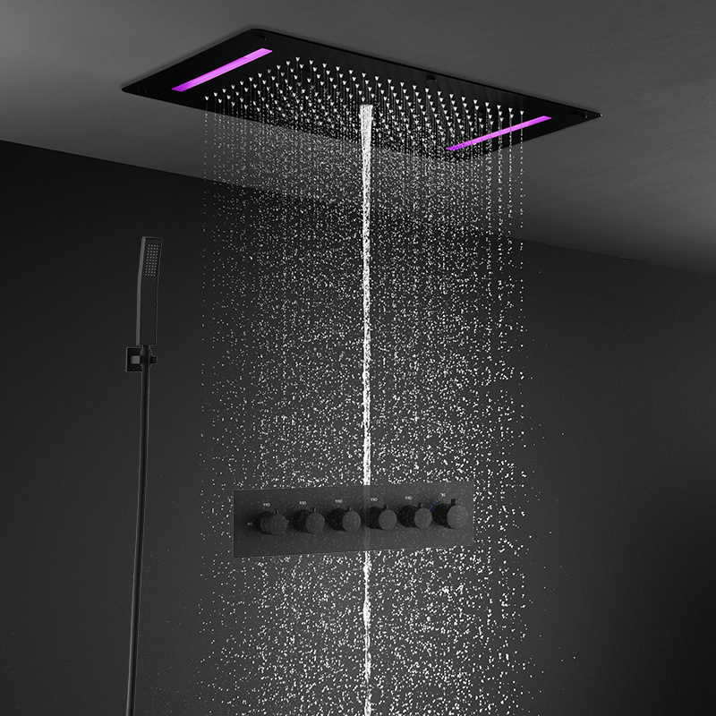 Modern style ceiling mounted stainless steel 380*700mm rain shower faucet thermostatic 5 function led shower set