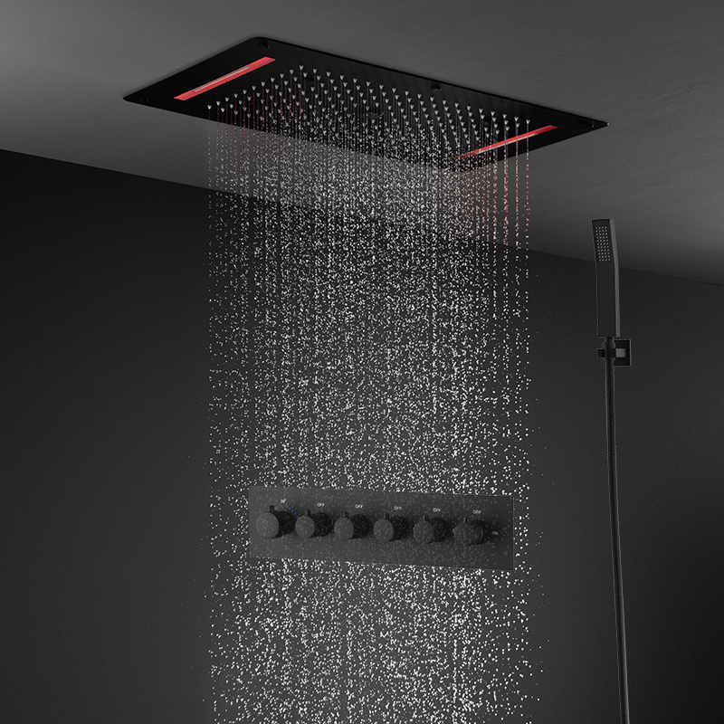 Modern style ceiling mounted stainless steel 380*700mm rain shower faucet thermostatic 5 function led shower set