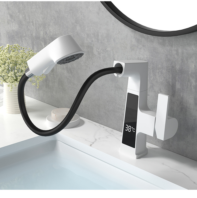 Newest bathroom deck mounted pull out hot cold water tap smart digital display led lifting basin faucet