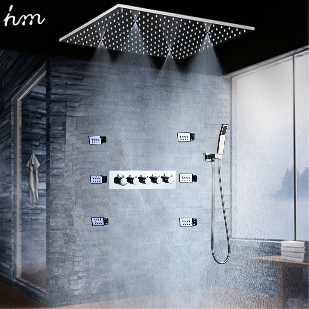 Bathroom LED Rain Shower Faucet Set Rainfall SPA Mist Square Shower head Set Thermostatic Diverter Valve With Massage Body Jets