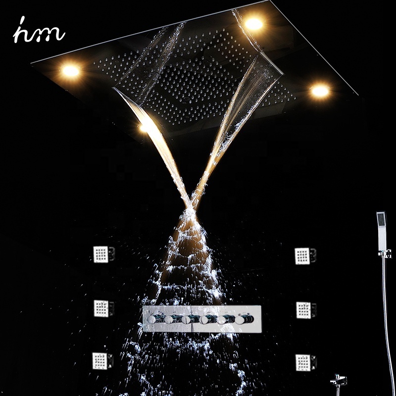 Luxury ceiling rain led shower kits 4 function multi color remote control shower panel wall body jets massage shower system