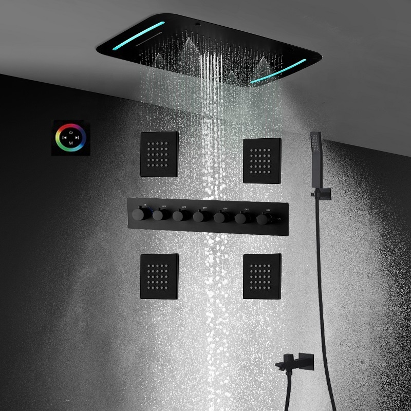 Luxury Bathroom 6 Functions LED Shower System 710X430MM Big Waterfall Rainfall Shower panel with Square Body Spray Jets